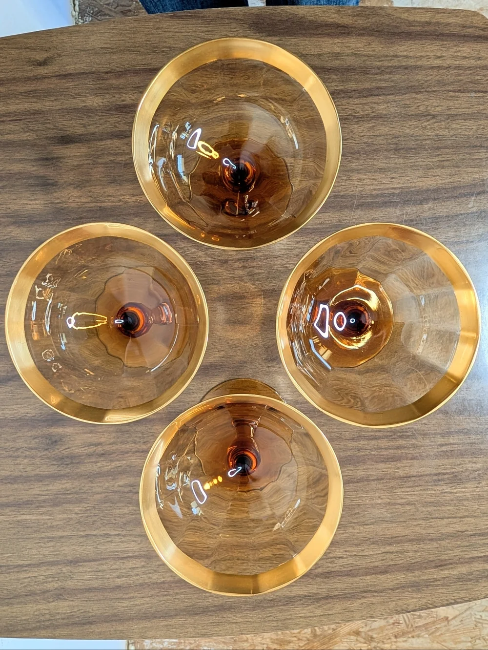 Vintage Amber Glass Gold Rim With Laurel Leaf Pattern Champagne Glasses Set Of 4